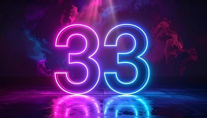 Neon Number 33 in Pink and Blue Gradient Glow on Dark Background with Reflective Floor in Futuristic Design