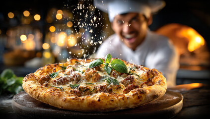 Chef makes tasty herb pizza. A chef sprinkles cheese on a fresh pizza in a cozy kitchen, showcasing his love for cooking.