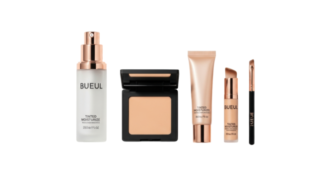 Isolated makeup tools for visage and skin care, tinted moisturizer and compact powder