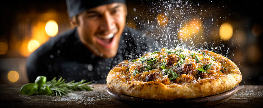Chef makes tasty pizza joyfully. A chef smiles while sprinkling cheese over a freshly baked pizza topped with vegetables and herbs in a cozy kitchen.