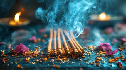 Burning incense sticks with soft, rising smoke creating a calm and meditative atmosphere against a dark background. Concept of spirituality, relaxation, mindfulness, and aromatherapy.