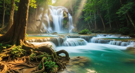 Waterfall cascades through lush forest with sunlight filtering in at a tranquil natural setting