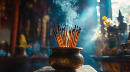 Burning incense sticks with soft, rising smoke creating a calm and meditative atmosphere against a dark background. Concept of spirituality, relaxation, mindfulness, and aromatherapy.