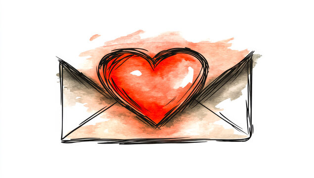 Love letter with heart illustration. A drawing shows an envelope with a red heart inside, symbolizing love and romance. Perfect for expressing affection.