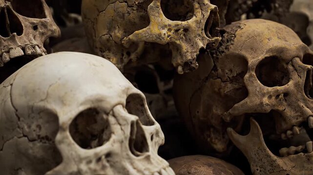 Eerie accumulation of human skulls and bones resting in a dim underground tunnel. Ominous ossuary showcasing the consequences of past conflicts, disasters, or diseases