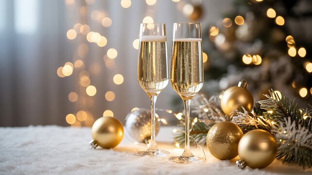 Elegant Celebration with Champagne Glasses and Christmas Ornaments Sparkling with Warmth