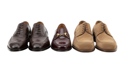 Isolated mens formal leather shoes in a row, featuring dressy and classic styles, footwear