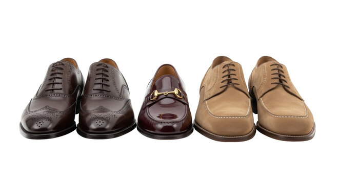 Isolated mens formal leather shoes in a row, featuring dressy and classic styles, footwear