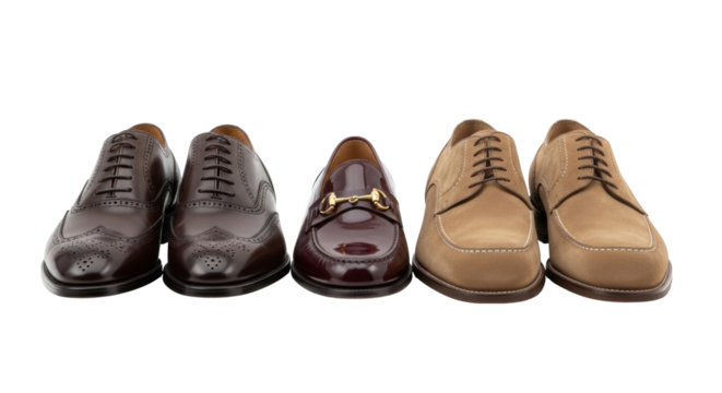 Isolated mens formal leather shoes in a row, featuring dressy and classic styles, footwear