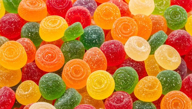 A colorful close-up of assorted jelly candies with a sugary coating texture