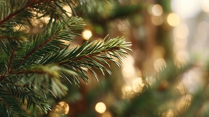 Close-up of delicate green evergreen tree branches with golden lights, blurred background emphasizing foreground elements, creating a festive atmosphere for Christmas and winter events.