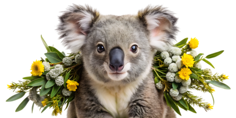 Adorable koala bear wearing a floral garland of eucalyptus leaves and yellow wildflowers, isolated on transparent background