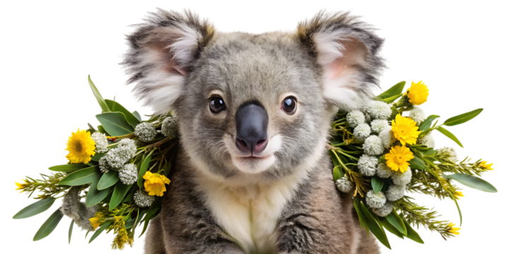 Adorable koala bear wearing a floral garland of eucalyptus leaves and yellow wildflowers, isolated on transparent background