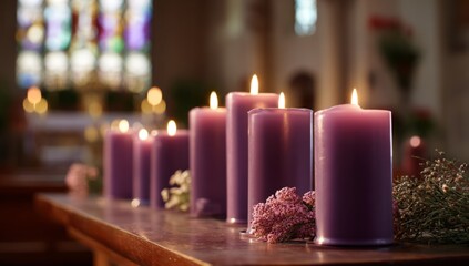 Purple candles on an Ash Wednesday altar, no people, tranquil and holy ambiance, soft glow from the candles illuminating the church's ancient architecture
