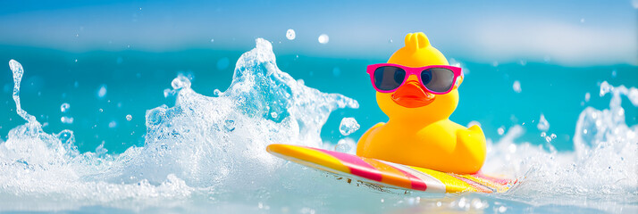Rubber duck surfing waves. A cheerful rubber duck wearing sunglasses rides a surfboard in bright blue ocean waves under a sunny sky.