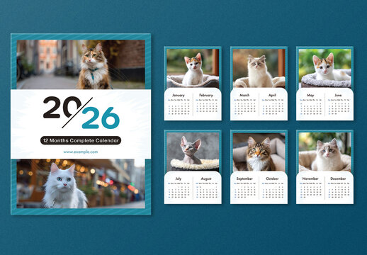 Editable 2026 Yearly Calendar Template Set with Adorable Cat Photos on Blue Background.