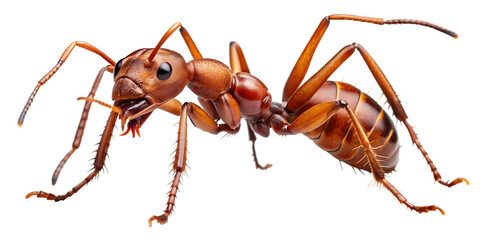 Closeup macro photograph of a single red ant isolated on transparent background, showcasing intricate details of its segmented body, antennae, and legs, highlighting its exoskeleton and compound eyes