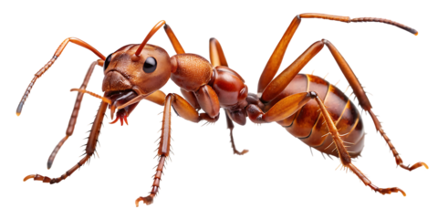 Closeup macro photograph of a single red ant isolated on transparent background, showcasing intricate details of its segmented body, antennae, and legs, highlighting its exoskeleton and compound eyes