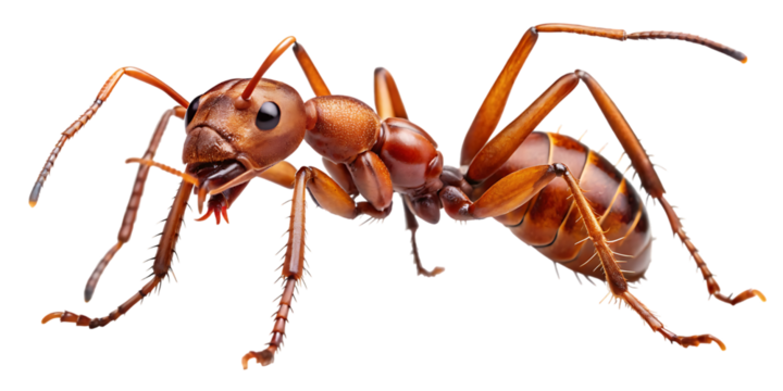 Closeup macro photograph of a single red ant isolated on transparent background, showcasing intricate details of its segmented body, antennae, and legs, highlighting its exoskeleton and compound eyes