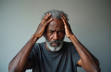 Older Black man clutches head in distress. His face shows worry and pain from a severe headache. He sits indoors looking exhausted and unwell.