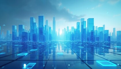 Abstract blue digital cityscape with glowing square grids on surface. Futuristic skyscrapers rise high into bright sky. Modern urban design with data flow.