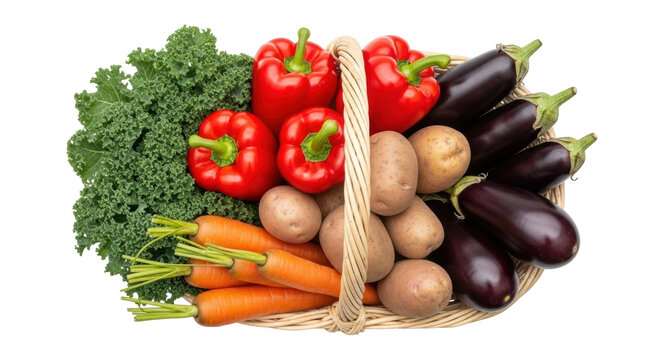 Isolated wicker basket of fresh vegetables including kale, red bell peppers, eggplants and carrots - Powered by Adobe