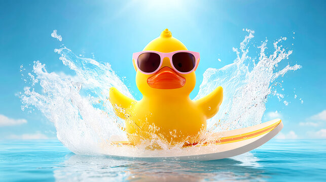 Rubber duck surfing in sunny waves. A bright yellow rubber duck wearing sunglasses rides a surfboard on sunny ocean waves, splashing water joyfully. - Powered by Adobe