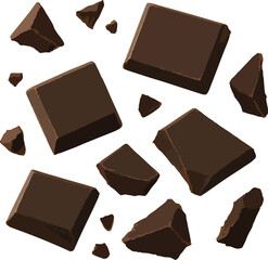 Dark chocolate pieces scattered on white background