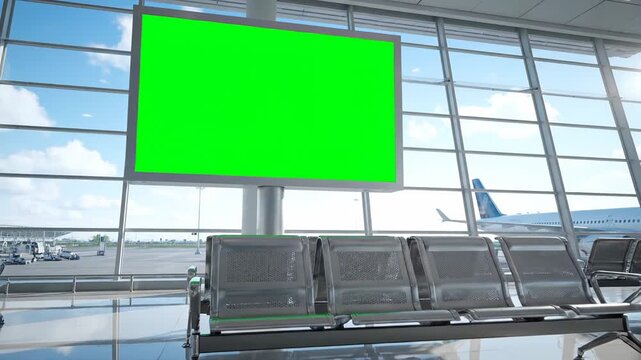 Vacant airport departure lounge with large green screen advertising mockup and wide windows offering clear runway and parked plane views for travel and commercial display purposes