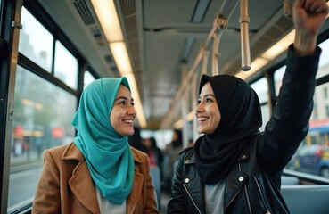 Two smiling Muslim women wearing hijabs ride a city bus together. One woman holds onto a pole. They happily during their public transport journey in urban setting.
