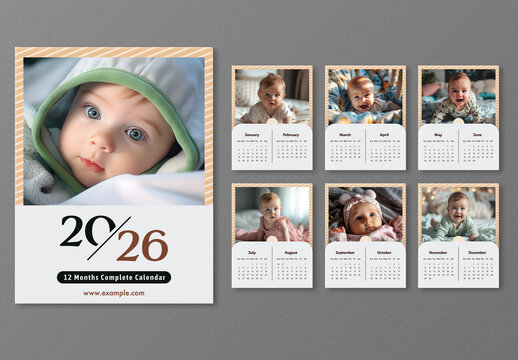 Set of 2026 Yearly Calendar Templates with Cute Baby or Infant Photos in Editable Design.