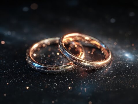 Glistening wedding rings symbolize eternal love and commitment against a backdrop of sparkling stardust, reflecting a future of shared dreams.