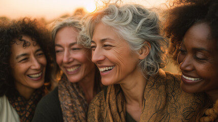 Fototapeta premium group of diverse aged women laughing together outdoors, golden hour lighting