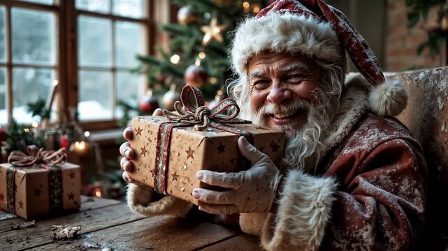 A cheerful and cunning Santa smiles charmingly and winks cheerfully, looking at the camera. Christmas Eve, magic and witchcraft