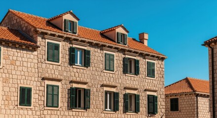 Fototapeta premium Historic stone buildings with green shutters against a clear blue sky in a sunny location