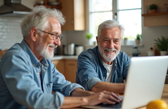 Two elderly men share laptop screen during online video call. Smile, appear engaged in conversation with grandchild. Scene connection family support, digital interaction within home setting. - Powered by Adobe