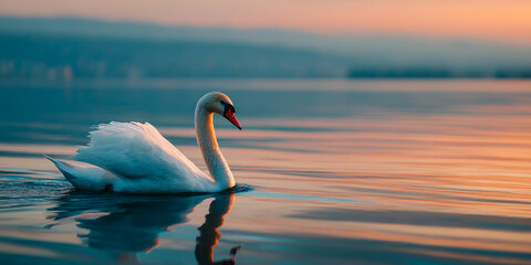 Fototapeta premium Swan gliding on calm water at sunset. A graceful swan swims quietly across still water during a beautiful sunset, reflecting colorful skies.