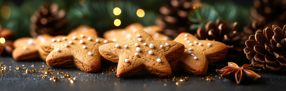 Star-shaped cookies on dark table. Delicious star-shaped cookies decorated with white pearls on a festive table with pine cones and twinkling lights. - Powered by Adobe