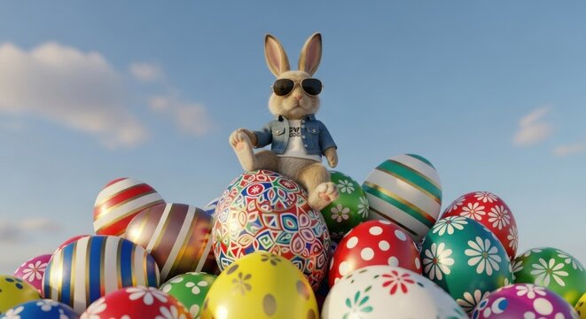 A cool rabbit wearing sunglasses sits atop a pile of colorful Easter eggs against a blue sky. - Powered by Adobe