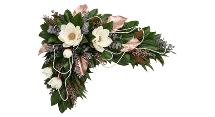 Isolated magnolia flower arrangement for celebration with green leaves and beads, no background