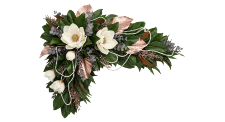 Isolated magnolia flower arrangement for celebration with green leaves and beads, no background