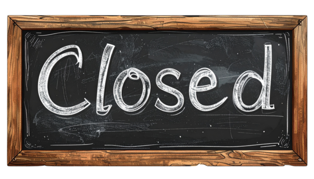 A slate board with “Closed” written in chalk, isolated on a white background, perfect for business, store, or café signage designs.