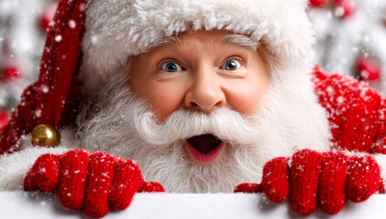 Excited Santa Claus surrounded by snow. Santa Claus, in his red suit and white fur, joyfully revels in a snowy winter scene of holiday cheer.