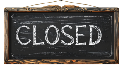 A slate board with “Closed” written in chalk, isolated on a white background, perfect for business, store, or café signage designs.