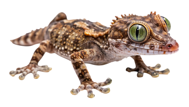 A detailed closeup of a gargoyle gecko with striking green eyes, showcasing its textured skin and unique facial features, isolated on a clean transparent background