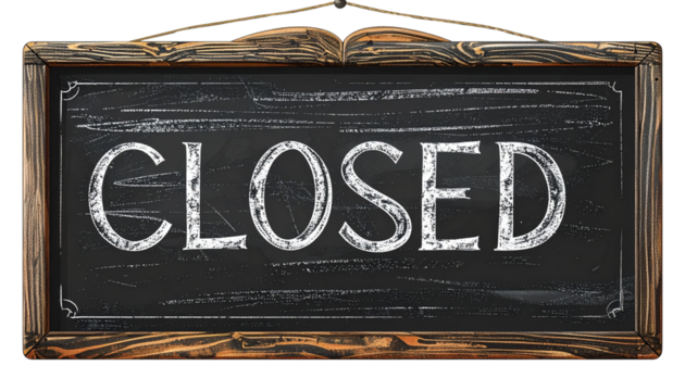 A slate board with “Closed” written in chalk, isolated on a white background, perfect for business, store, or café signage designs.