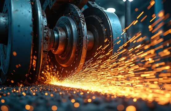 Industrial grinder machine creating sparks. Metalwork and heavy industry production with rotating equipment. Intense fiery energy in workshop setting.