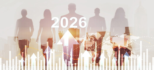 Business growth concept with office worker silhouettes against abstract rising arrows and 2026 year