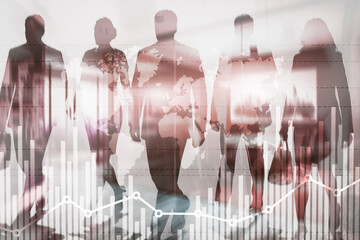 Global business growth chart on virtual screen with world map and people silhouettes background
