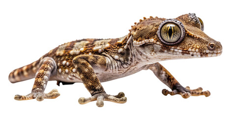 Naklejka premium A detailed studio shot of a gargoyle gecko, scientifically known as rhacodactylus auriculatus, isolated on a clean transparent background, showcasing its unique textured skin and large, striking eyes